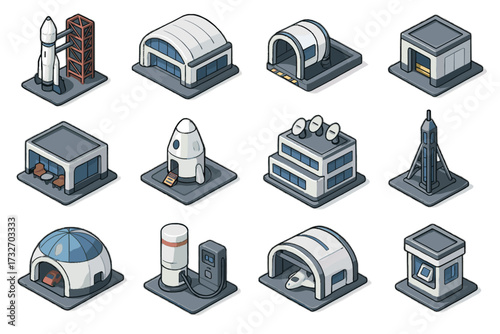 Dome spacecraft fueling vector bay infrastructure spaceport boarding passenger launch icon base