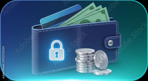 A secure digital wallet with money, cards, and coins, representing modern finance, online banking, and secure transactions
