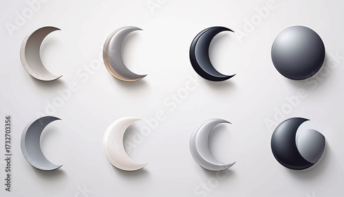 Eight stylized crescent moon and sphere illustrations arranged on a neutral background.