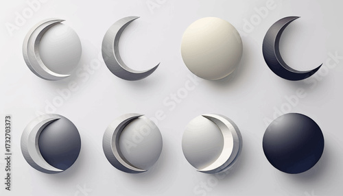 A collection of eight stylized 3D icons representing the different phases of the moon in a minimalist, monochromatic design.