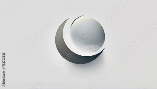 Abstract representation of a crescent moon partially obscuring a luminous sphere against a minimalist, light gray background, evoking a sense of celestial my...