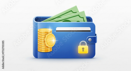 A blue wallet with money and coins, representing personal finance, savings, and secure transactions
