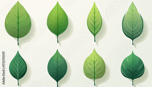 A collection of eight illustrated green leaves showcasing various shapes, sizes, and shades on a light background.