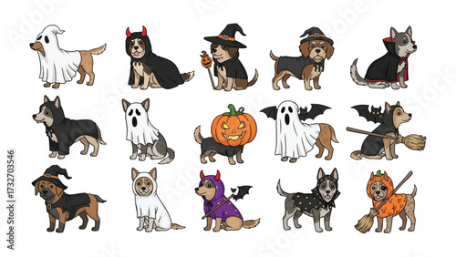 Halloween Canine Carnival: A vibrant array of dogs, each adorned in creative and festive costumes. These canines capture the spirit of Halloween with whimsical charm and playful energy.