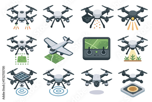 Mapping vector crop quadcopter night drone tablet icon agricultural mode surveillance