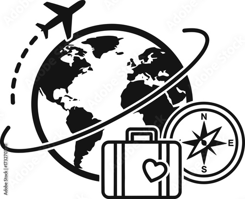 Travel adventure concept with airplane flying around globe, luggage and compass. Global journey exploration. Vector icon