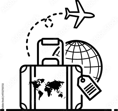 Bag with world map, globe, travel tag, airplane and dotted flight path. Summer journey and vacation concept. Vector illustration or icon for web site or application