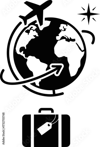 Globe flying aircraft round arrow with small suitcase luggage. Tour operator company or air travel concept. Black and white vector icon design