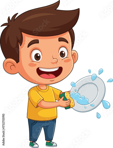 Child washing dishes cartoon illustration—sponge, plate, soap bubbles—vector artwork, household chore, responsibility, cleanliness, playful style, character design