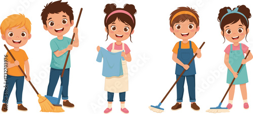 Children cleaning cartoon illustration—kids with mop, broom, apron—vector artwork, household chores, teamwork, responsibility, playful style, character design