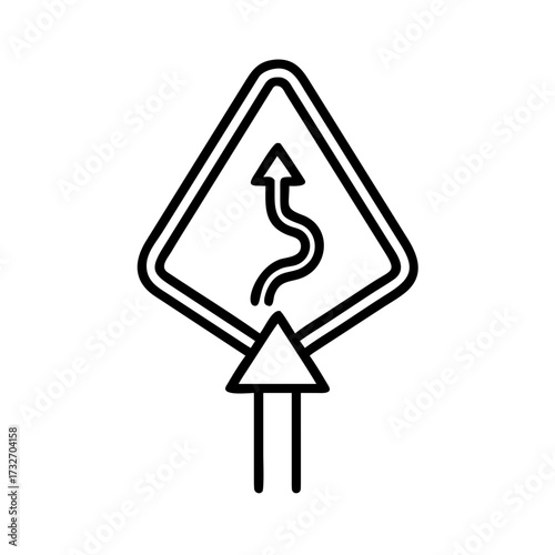 Road sign indicating a winding road ahead, featuring a triangular shape with a black arrow, symbolizing caution and alertness for drivers navigating through curves and turns