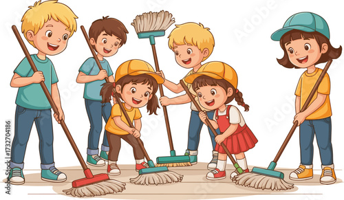 Children mopping cartoon illustration—group cleaning activity, teamwork, wet floor—vector artwork, household chore, responsibility, playful style, character design