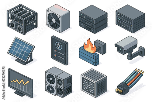 Camera box icons power ventilation units servers miner vector icon industrial mining