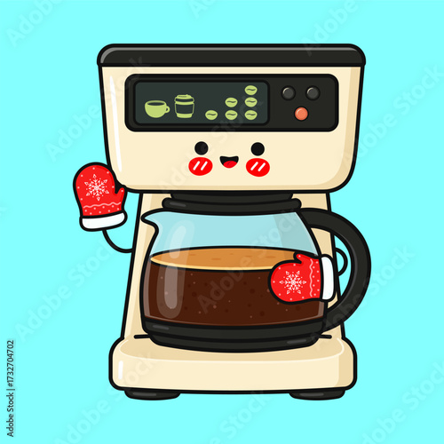 Anthropomorphic coffee maker holding pot wearing mittens