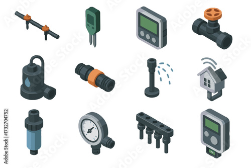 Garden valve sensor vector drip timer controller water manifold icon connector irrigation