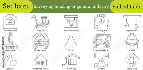 Surveying, Housing, or General Industry Set Icon: Vector Line Art of House Outline, Push Cart, Tripod, Industrial Vehicle, and Crane Load