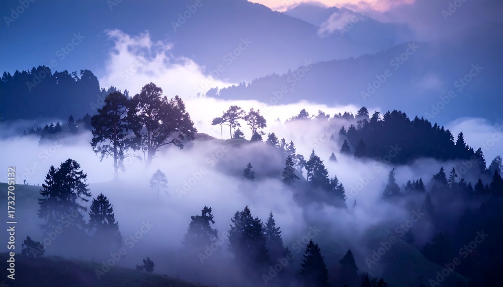 Fototapeta premium A majestic mountain scene is partially shrouded in morning mist, creating an ethereal atmosphere. Evergreen trees dot the rolling hills. The sky transitions from dusk to dawn