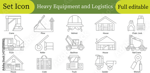 Heavy Equipment & Logistics Icons Set: Crane, Truck, Bulldozer, House, Winch, Chalk Lock, & More - Outline Style Vector Graphics