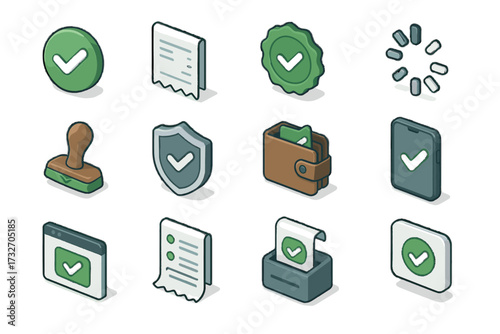 Set success secure confirmation printout payment icon shield vector transaction screen