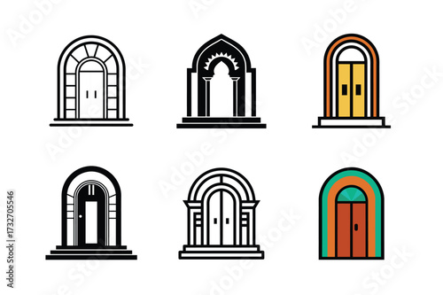Set of 6 Doorway Icons – Minimal Entrance Architecture Vector Collection on White Background
