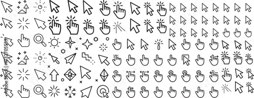 Computer mouse cursor icon set with arrow clicks, hand pointers, and loading animations for UI and web apps.