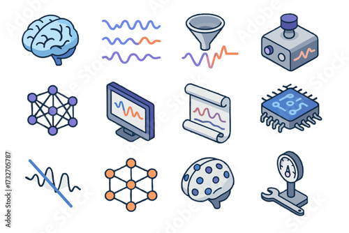 Noise signals activity calibration vector icon screen map signal decoding neural processor