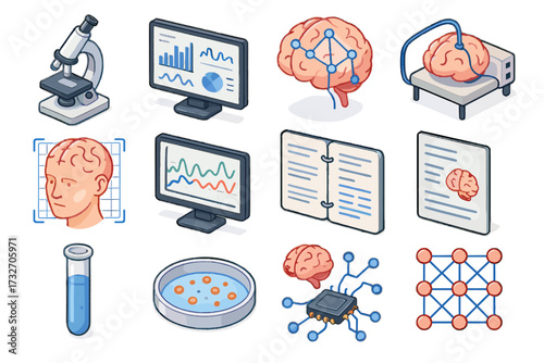 Experiment tube brain research icon computer microscope report neural vector lab model
