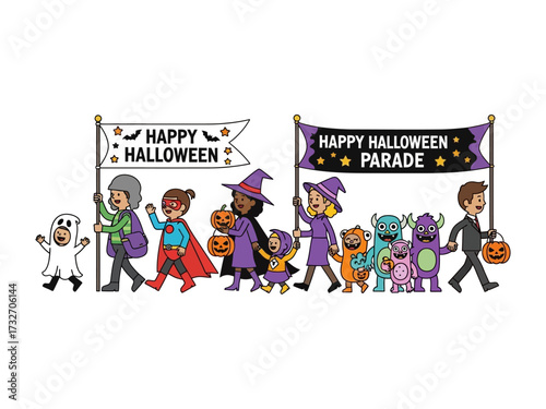 Halloween Parade: A whimsical illustration capturing a vibrant Halloween parade featuring diverse costumed characters, each adding a unique element of fun and festive spirit. 