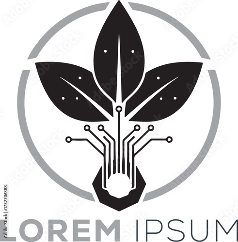 Digital Plant Logo, Organic Technology and Circuit Board Icon

