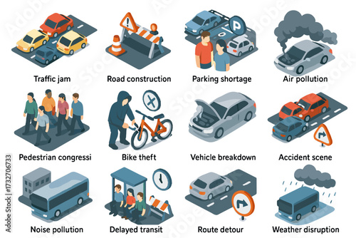 Mobility theft air traffic challenges pedestrian bike vehicle icon urban vector delayed