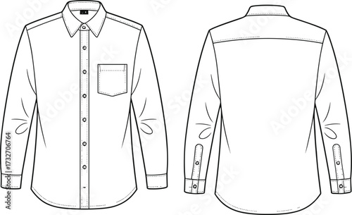 Technical fashion illustration, button-up shirt vector, pointed collar, chest pocket, button cuffs, long sleeves, front and back views, garment sketch