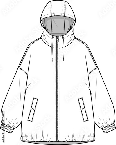 Technical fashion illustration, hooded jacket vector, front zipper, drawstring hood, elastic cuffs, garment construction, apparel design, black and white sketch
