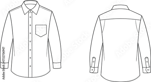 Technical fashion illustration, button-up shirt vector, pointed collar, chest pocket, long sleeves, button cuffs, front and back views, garment sketch