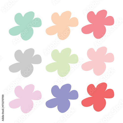 A grid of nine colorful, abstract, organic shapes in pastel and muted tones on a white background.