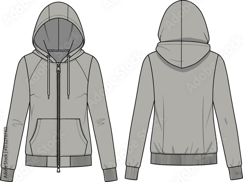Technical fashion illustration, hooded zip-up sweatshirt vector, front pockets, drawstring hood, ribbed cuffs and hem, front and back views, garment sketch