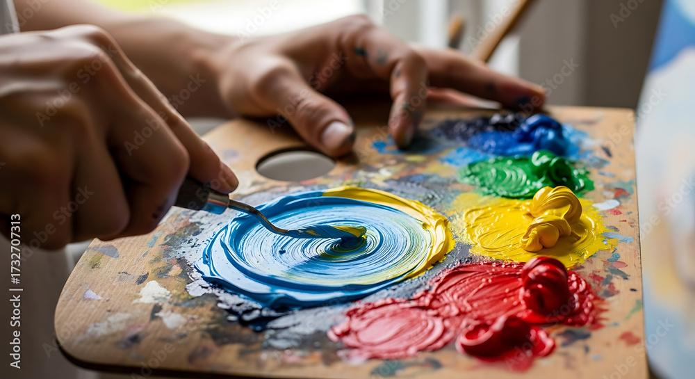 Obraz premium Artist blending vibrant colors on a palette creating swirling patterns with a palette knife Close - up shot of art in progress