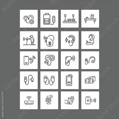 Hearing Aid Charging Dock Icon Set | Rechargeable Hearing Devices, Assistive Technology, Accessibility, Minimal Outline Vector