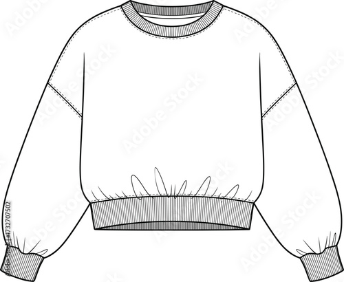 Technical fashion illustration, sweatshirt vector, crew neck, dropped shoulders, voluminous sleeves, ribbed cuffs and hem, garment design, black line sketch
