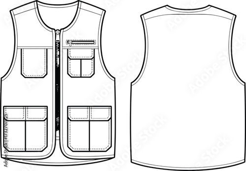 Technical fashion illustration, utility vest vector, zipper front, flap pockets, zip chest pocket, round neckline, front and back views, garment sketch