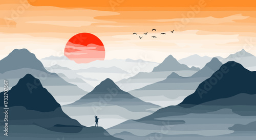 A lone figure contemplates the vast mountain ranges at sunset with a vibrant sky above.