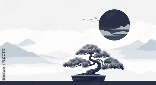 A serene pixel art landscape featuring a solitary bonsai tree under a cloudy moonlit sky.