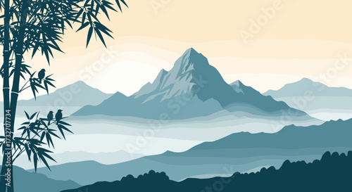 Serene misty mountains and bamboo forest landscape art.