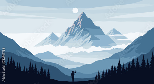 A lone hiker pauses to admire the majestic misty mountain range at sunrise.
