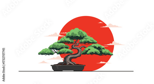 Pixel art bonsai tree in a pot with a red sun behind it.
