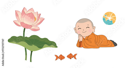 A cute Buddhist monk contemplates the serene beauty of a blooming lotus flower and two goldfish swimming nearby while a bright sun shines above.