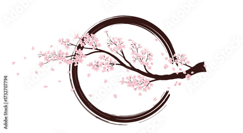 A serene cherry blossom branch with falling petals inside a dark circular frame representing balance and harmony in nature.