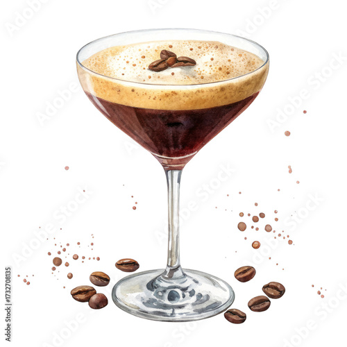 Watercolor Espresso Martini with Coffee Beans on Black Background