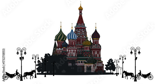 Experience the magic of Moscow with St Basil's Cathedral's stunning architecture. Horse-drawn carriages and vintage lamps add timeless charm to this iconic landmark.