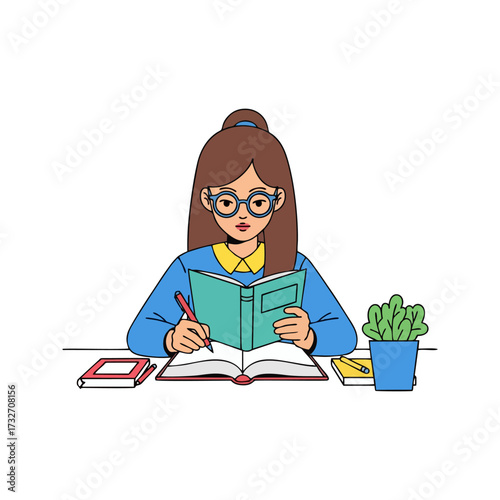 A young woman with glasses diligently studying a book at a desk, taking notes.