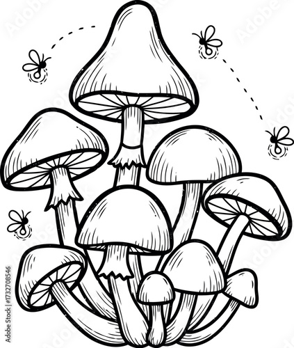 Vector art of detailed black and white illustration of a cluster of mushrooms with flying insects